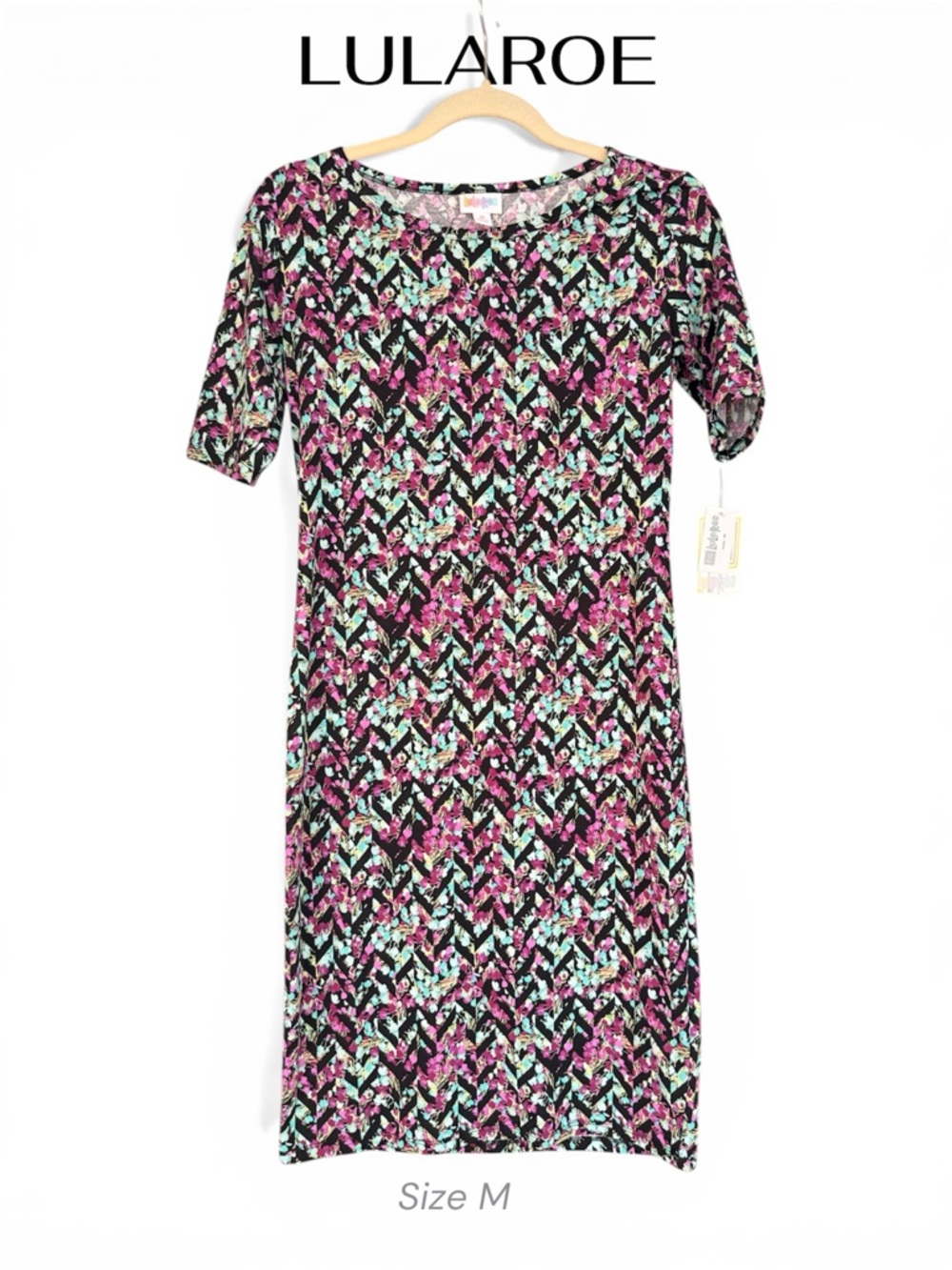 LuLaRoe Julia Pink, Black & Mint Floral Chevron Dress NWT